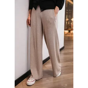 Spring Summer Women's Ladies' Light Weight Rib Knitted 55% silk 45% cashmere Lounge Wide Leg Loose Pants Trousers Women