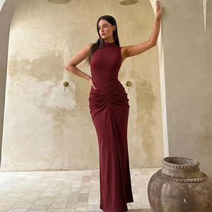Zipper Back Dress - Elegant Maxi with Ruched Detail