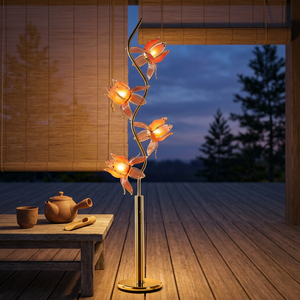 Romantic Lotus Floor <b>Lamp</b> 4 Light Heads Pink Acrylic <b>Shade</b> Golden S Pole for B&B Guest Room Decoration - Product Image 1