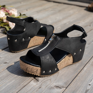 Women Summer Platform Thick Sole Front Zipper European American Style <b>Sandals</b> With Rivets Wedge Heel Large <b>Sandals</b> - Product Image 6