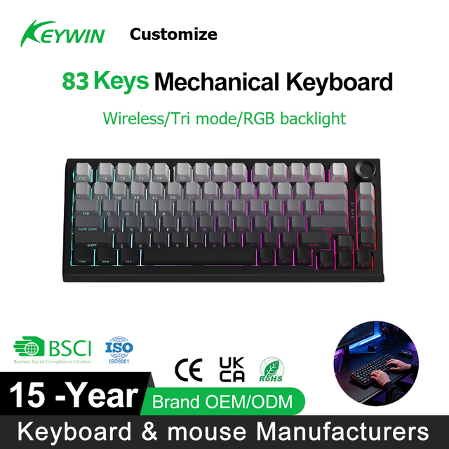 Hot Sale Custom 75% Tri-mode Hot Swap Keycaps Wireless Mechanical Gaming Keyboard 83 Keys Gasket Wireless RGB Gaming Keyboard
