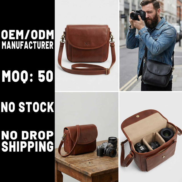 Factory Customized Logo Brown PU Leather Camera Sling Bag OEM Photographer Camera Bag with Organized Interior for Camera Gears