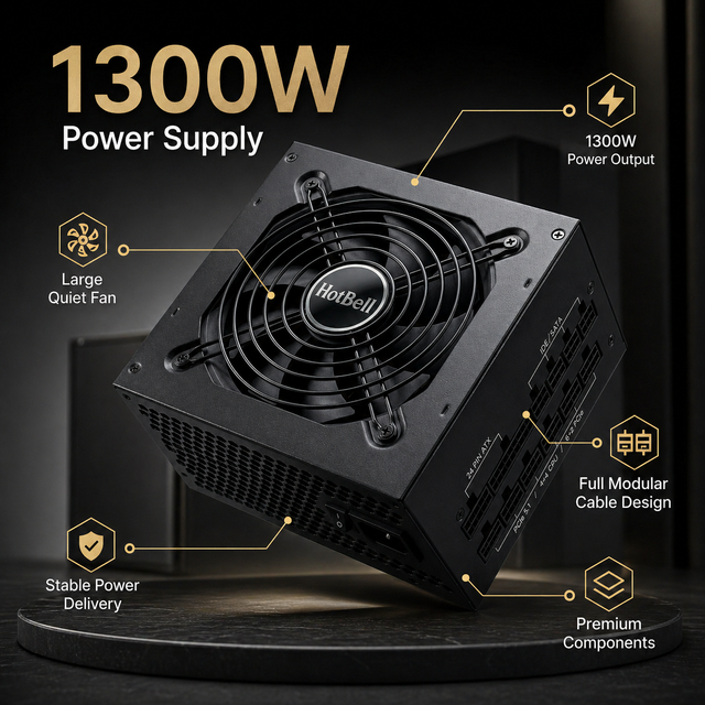Hotbell 1300W Full Modular Power Supply 80 Plus Platinum Quiet ATX PC PSU Active PFC Flat Cable Gaming Computer Power
