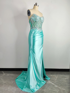 <span class=keywords><strong>Abito</strong></span> da ballo personalizzato blu chiaro con scollo a V con perline di cristallo a sirena formale da sera con spacco <span class=keywords><strong>lungo</strong></span> satinato per le donne - Product Image 4