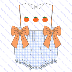 Logo personalizzato <span class=keywords><strong>zucca</strong></span> intrecciata in cotone a quadretti per bambini abiti <span class=keywords><strong>da</strong></span> <span class=keywords><strong>bambina</strong></span> abbinati pagliaccetti a bolle per neonato - Product Image 2
