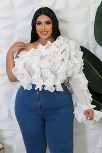 Camicetta Asimmetrica da Donna in Tulle e Chiffon con Maniche Lunghe a Sbuffo, <span class=keywords><strong>Tunica</strong></span> a Strati con Volant, <span class=keywords><strong>Taglie</strong></span> <span class=keywords><strong>Forti</strong></span> - Product Image 2