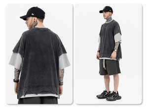 MT2636定制街装拼接双层300 Gsm复古超大t恤男士水洗黑色t恤 - Product Image 5