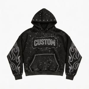 Sweat à capuche streetwear personnalisé en coton épais 400 g/m² avec appliqué en strass, logo brodé effet vieilli et patch, délavage acide pour <span class=keywords><strong>homme</strong></span> - Product Image 3