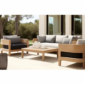 Muebles de madera de teca para exteriores, muebles de jardín, juegos de sofá de patio, jardín, 4 piezas, silueta curva de madera, sofá seccionales