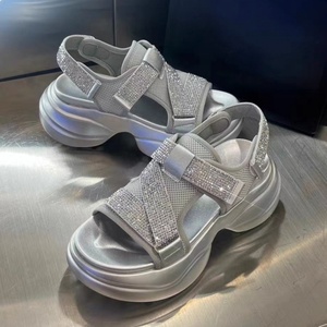 Silver Mesh Cross-Strap <b>Platform</b> Sandals Chunky <b>Heel</b> Buckle Closure Summer Breathable Genuine Leather Lining Outdoor Women's - Product Image 3