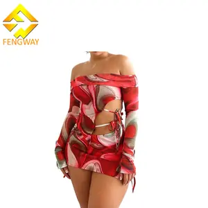 Fengway Fashion Printing Women's Set Off Shoulder Crop Top And Mini Skirt Flare Sleeve Bandage 2 Piece Skirt Set