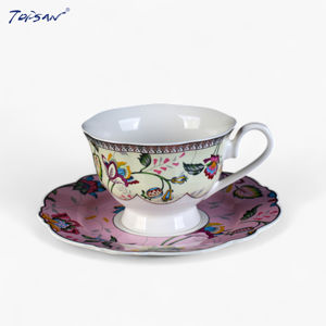 中国风优雅的花朵粉色和黄油黄色180cc陶瓷新骨瓷杯碟套装，用于派对茶和咖啡 - Product Image 3