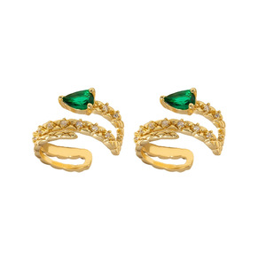 Women's Clip On <b>Earrings</b> Gold Green Zircon C Shape Geometric Design Ear Clips Without <b>Piercing</b> - Product Image 5
