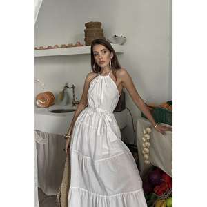 Vestido de corte A con cintura elástica, cuello halter y cinturón, tejido transpirable para uso diario informal - Product Image 3