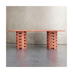 Newstar หินอ่อนร่องโต๊ะรับประทานอาหารทรงรีสีแดงโต๊ะยาว<span class=keywords><strong>96</strong></span>นิ้วหินอ่อน Travertine - Product Image 2