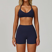 Ensemble de sport 2 pièces : Soutien-gorge de sport à col en V et dos croisé, short de yoga extensible effet push-up et contrôle du ventre, séchage rapide