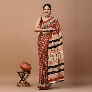 Sari en coton Mulmul imprimé avec blouse assortie – Léger et élégant, sari en coton Mulmul doux – Confortable pour un usage quotidien - Product Image 1