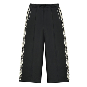 Premium Luxury Pearl Beaded <b>Side</b> Wide Leg Culottes Black <b>Trouser</b> Elastic Waist <b>Zip</b> Pocket Knit <b>Trousers</b> Elegant Casual Pants - Product Image 1