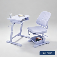 Ensemble chaise et bureau d'étude pour enfants couleur pastel macaron, hauteur réglable, dossier ergonomique avec tiroir et panier de rangement sous le siège