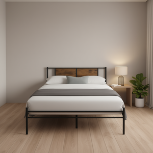 Cadre de lit en métal taille Queen avec tête de lit en panneau de bois, design moderne pour chambre à coucher - Product Image 2