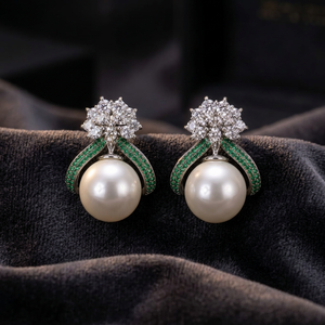 Ping BlingLuxury Pearl <b>Stud</b> <b>Earrings</b> | Green <b>Crystal</b> Floral <b>Earrings</b> | Premium Designer Pearl <b>Earrings</b> | Elegant Party Wear <b>Stud</b> - Product Image 4