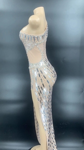 AD1352 Kimshein mujeres nueva llegada Excellente Abiti Da Cerimonia transparente malla agujero diamante lentejuelas Casual vestido de fiesta - Product Image 6