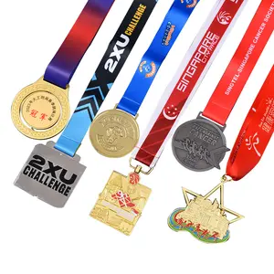 批发定制体育奖牌奖励金属空白奖牌和奖杯带丝带足球游泳篮球跑步比赛奖牌