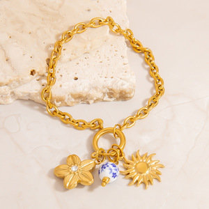 Pulsera de Acero Inoxidable con Dije de Flor de Porcelana Azul y Blanca, Chapada en Oro de 18K, Joyería para Mujer, Regalo, Colgante de Moda - Product Image 2