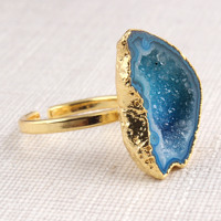 Bague en géode druzy bleu ciel naturel plaquée or jaune, bijoux fins pour mariage décontracté ou anniversaire, ensemble de pierres précieuses unique