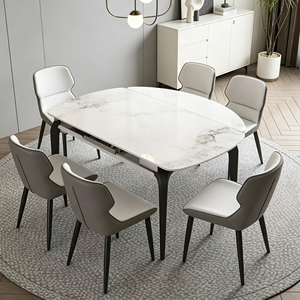 Ensemble de table à manger ronde moderne en marbre avec pieds en métal, capacité de 8 personnes, design minimaliste extensible, meubles pour la maison - Product Image 4