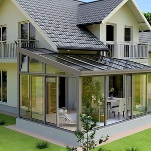 Gazebo de <span class=keywords><strong>terraza</strong></span> de vidrio templado de alta calidad, puerta corredera, techo inclinado, diseño impermeable a prueba de viento para patio trasero al aire libre - Product Image 3