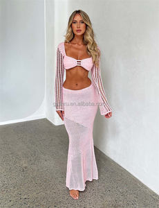 Summer Women's Solid <strong>Crochet</strong> Drawstring Beach Dress Sexy Knitted Strap Tank Top High Waist Wrap <strong>Long</strong> Sleeve <strong>Skirt</strong> Two Piece Set - Product Image 2