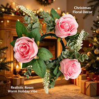 Guirlande de fleurs artificielles de Noël, rose rose, feuille d'eucalyptus, 20 cm, centre de table, décoration de fête, décoration de porte, vente en gros