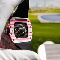 Montre mécanique de luxe de style RM 38-02, carrée, en caoutchouc rose, analogique, avec tourbillon, squelette, de plongée, sportive, alarme, charme, fibre de carbone