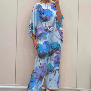 ชุดเซ็ต 2 ชิ้น แฟชั่นสำหรับผู้หญิง ลายดอกไม้ พิมพ์ลาย แขนค้างคาว ผ้าซาติน ทรงหลวม ไม่มีปก สไตล์วินเทจ รักษ์โลก กางเกงขายาว - Product Image 2