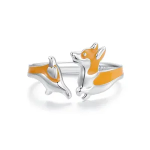 S925 Sterling Silver Plated Platinum Ring Jewelry Cute Naughty corgi Pet Dog Adjustable Opening Ring