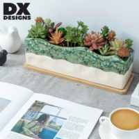 Pot Keramik DX Designs Motif Gelombang dengan Alas Bambu, Pot Sukulen Persegi Panjang untuk Dekorasi Meja & Rumah, Dilengkapi Lubang Drainase