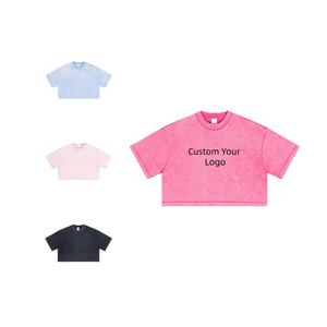 Nouveau design, t-shirt court pour femme, été, poids lourd, 220 g/m², 100 % coton, personnalisé, grande taille, ample, vintage, lavé, prix bas - Product Image 1