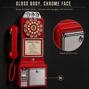 Téléphone fixe vintage rouge avec fente à monnaie chromée et porte de boîte à monnaie verrouillable - Product Image 4