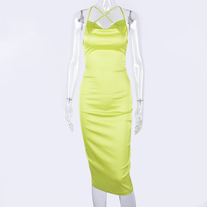 10% in raso al Neon con lacci lungo abito Midi da <span class=keywords><strong>donna</strong></span> aderente a schienale elegante abiti da discoteca Sexy 2023 vestito da cena estiva - Product Image 2