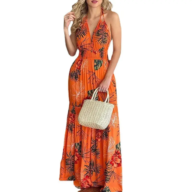 Wholesale Flower Print Summer Long Maxi Dress Women Split V Neck Floral Robe Female Halter Elegant Boho Holiday Party Dress