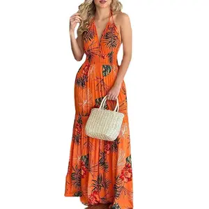 Robe longue à fleurs pour femmes, imprimé Floral, fendue, col en V, col licou, élégante, style Boho, Robe de soirée de vacances, vente en gros