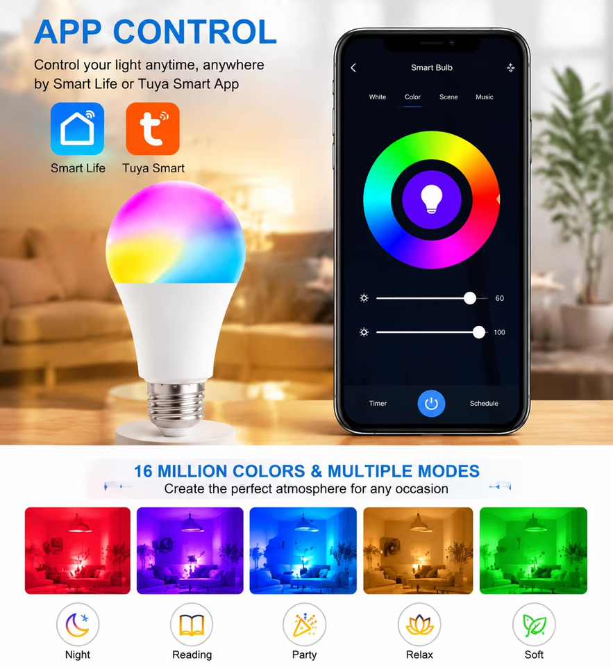 Easy Beam WiFi Light Bulb Alexa Voice Control Remote RGB Multi Color ...
