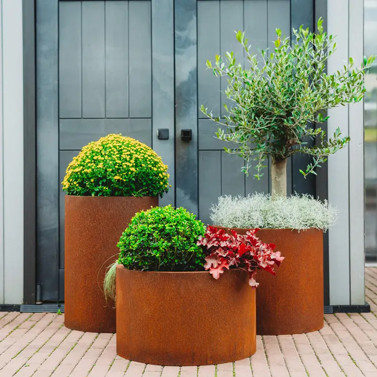 outdoor corten steel round flower pot outside garden metal planters cheap park large plant pots for sale