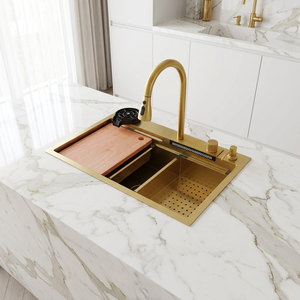 Lavello da cucina monoblocco di alta gamma, fatto a mano, in acciaio inossidabile spazzolato, resistente e dal design semplice. - Product Image 3