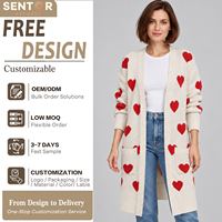 Cardigan long en tricot pour femme, ouvert sur le devant, jacquard cœur, épaules tombantes, manches longues, avec poches, OEM ODM personnalisé
