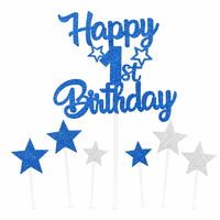 7 pièces de décorations scintillantes bleues et argentées pour le 1er anniversaire : décorations de gâteau en carton, pics à cupcakes étoiles, pour la fête du premier anniversaire d'un bébé garçon