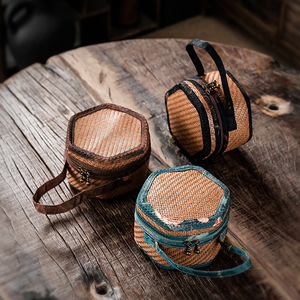 Bamboo Woven Teapot <b>Storage</b> Bag With <b>Cushioned</b> Interior For Portable Tea Travel Use - Product Image 3