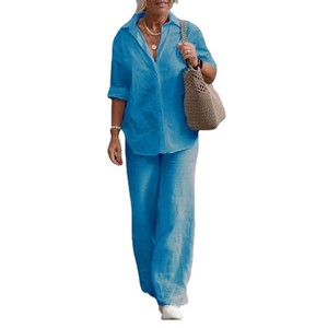 Nuovi Completi Camicia e Pantaloni da <span class=keywords><strong>Donna</strong></span> Primavera-Estate, Abbigliamento Casual alla Moda in <span class=keywords><strong>Lino</strong></span>, Taglie Forti, Set Due Pezzi - Product Image 4