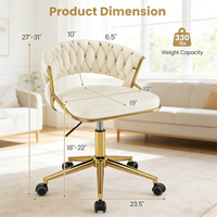 Fauteuil de bureau pivotant en velours, avec dossier tissé tufté à la main et base chromée dorée, idéal pour salon de beauté, bureau ou coiffeuse.
